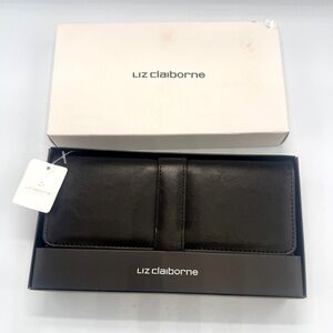 NEW Women’s Liz Claiborne Black Leather Tri-Fold Wallet, Zip Change Holder Cards